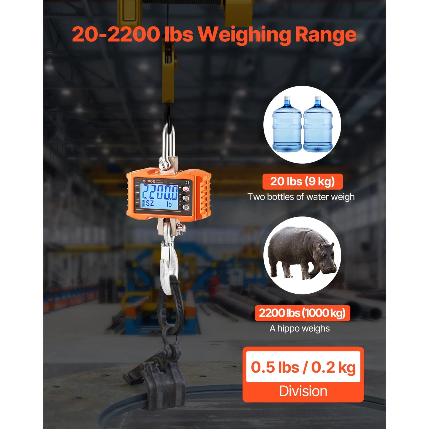 VEVOR 2200 Pounds Digital Hanging Scale Portable with Remote Control Factory Crane Scale LCD Backlight Industrial Hook Scales
