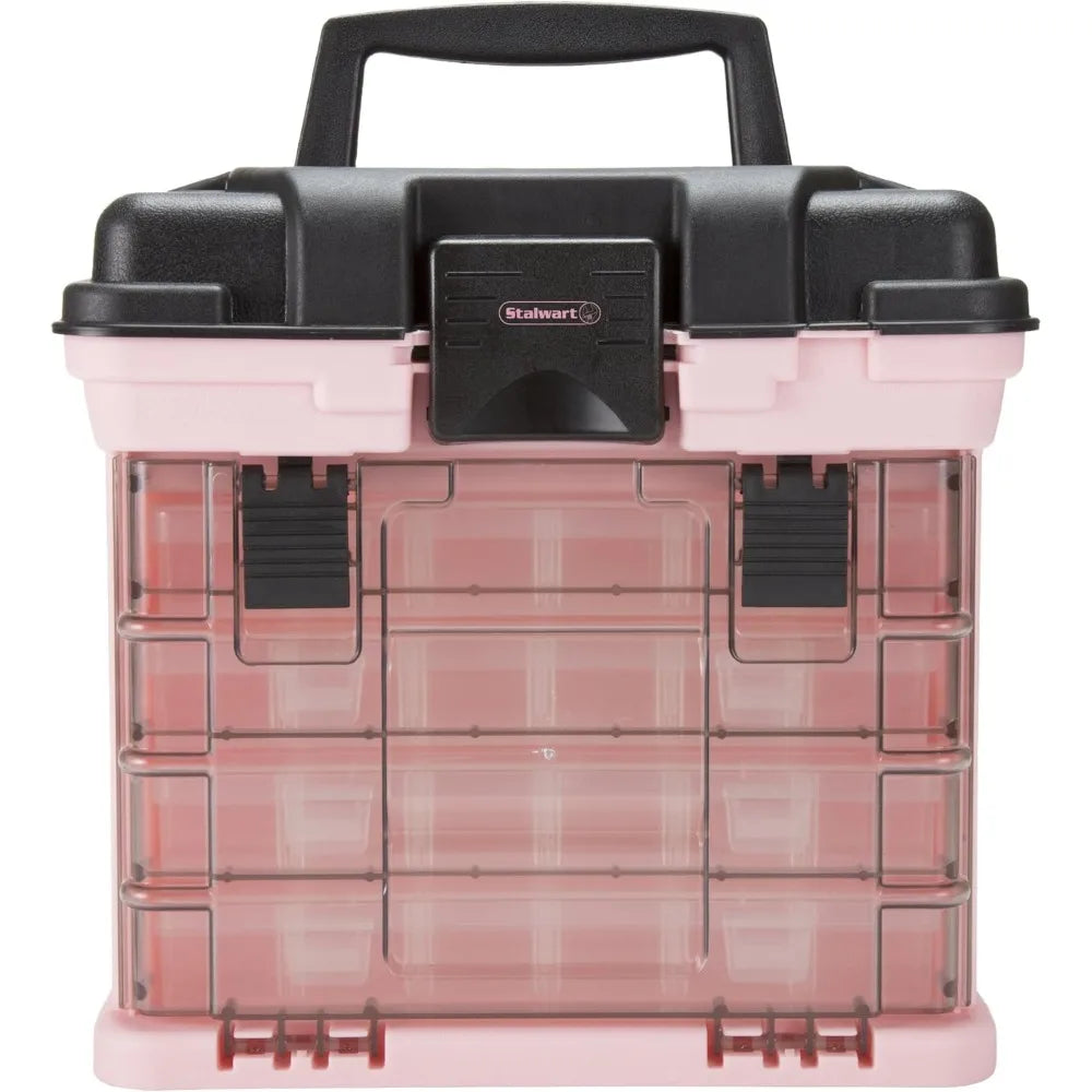 Portable Tool Box with Drawers and Customizable Compartments for Hardware, Fishing Tackle, Beads, Crafts in Pink