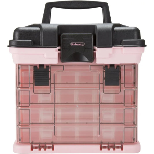 Portable Tool Box with Drawers and Customizable Compartments for Hardware, Fishing Tackle, Beads, Crafts in Pink