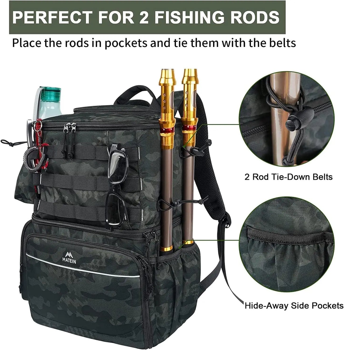Fishing Backpack, Water Resistant Fishing Tackle Box Bag with Rod Holders & Cooler, Gear Gifts for Men
