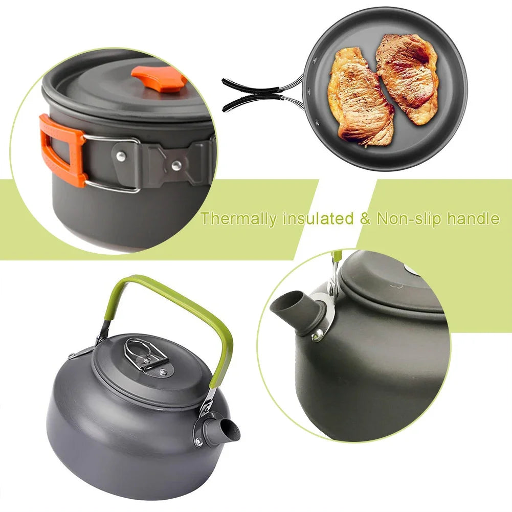 Camping Cookware Kit Kettle Pot Pan Cookset Portable Foldable Lightweight Utensils Aluminum Picnic Tableware BBQ Hiking Travel
