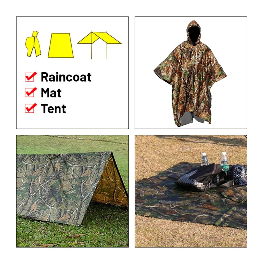 Raincoat 3 in 1 Multifunctional Waterproof Rain Poncho Jacket Hiking Rain Cover Outdoor Awning Tent Mat Camping Clothes Rainwear