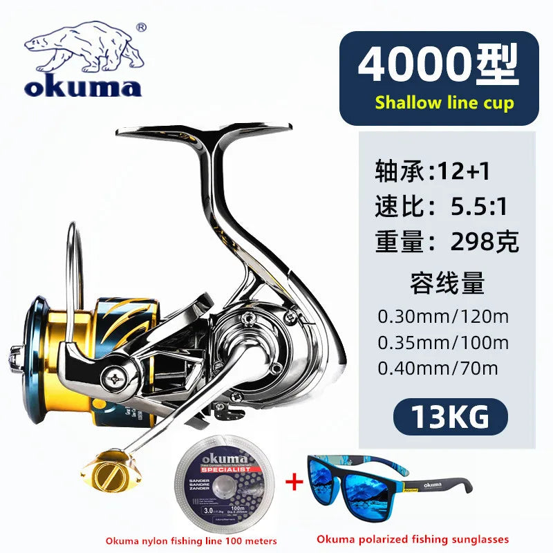 Okuma all metal fishing reel 12+1BB15KG Max Drag anti seawater rotating reel 1000-5000