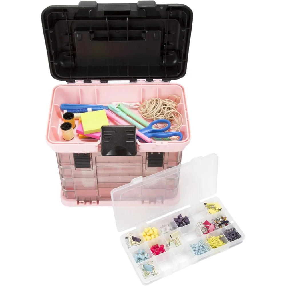 Portable Tool Box with Drawers and Customizable Compartments for Hardware, Fishing Tackle, Beads, Crafts in Pink