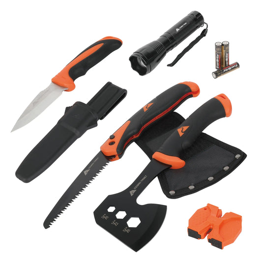 Ozark Trail 7-Piece Camping Tool Set with Hammer, Axe, Flashlight, and Knives, Batteries Included